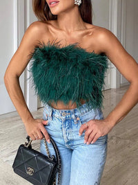 Damen Bandeau-Top | Federn | Boho | Strapless | Auffällig | Elastisch-Dunkelgrün-S-Luzern Mode