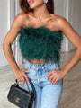Damen Bandeau-Top | Federn | Boho | Strapless | Auffällig | Elastisch-Dunkelgrün-S-Luzern Mode