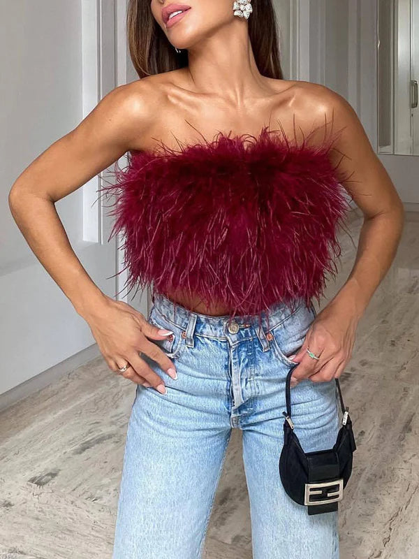 Damen Bandeau-Top | Federn | Boho | Strapless | Auffällig | Elastisch-Dunkelrot-S-Luzern Mode