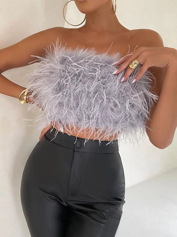 Damen Bandeau-Top | Federn | Boho | Strapless | Auffällig | Elastisch-Luzern Mode