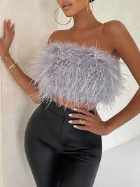 Damen Bandeau-Top | Federn | Boho | Strapless | Auffällig | Elastisch-Grau-S-Luzern Mode