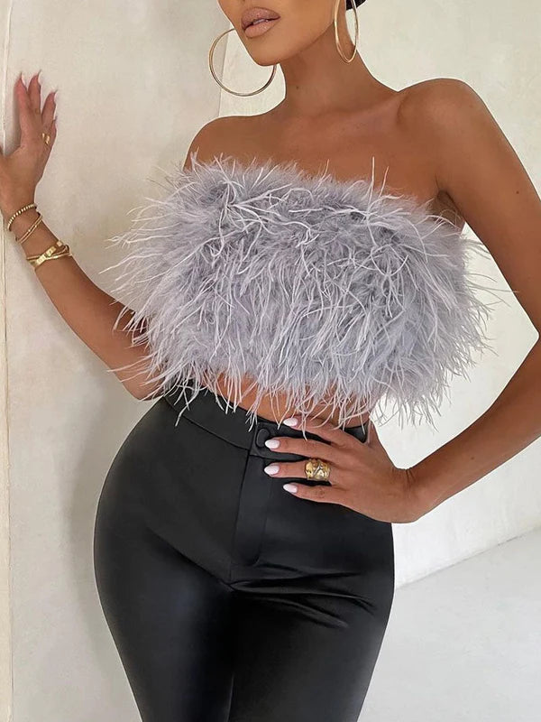 Damen Bandeau-Top | Federn | Boho | Strapless | Auffällig | Elastisch-Grau-S-Luzern Mode