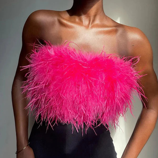 Damen Bandeau-Top | Federn | Boho | Strapless | Auffällig | Elastisch-Rosa-S-Luzern Mode