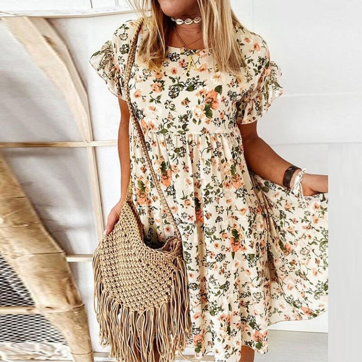 Blumenkleid | Rüschen | Taillenschnitt | Boho | Rundhals | Kurzarm-Luzern Mode