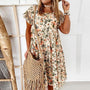 Blumenkleid | Rüschen | Taillenschnitt | Boho | Rundhals | Kurzarm-Beige-S-Luzern Mode