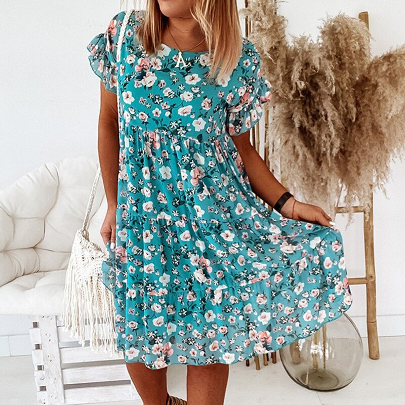 Blumenkleid | Rüschen | Taillenschnitt | Boho | Rundhals | Kurzarm-Blau-S-Luzern Mode