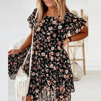 Blumenkleid | Rüschen | Taillenschnitt | Boho | Rundhals | Kurzarm-Schwarz-S-Luzern Mode