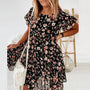 Blumenkleid | Rüschen | Taillenschnitt | Boho | Rundhals | Kurzarm-Schwarz-S-Luzern Mode