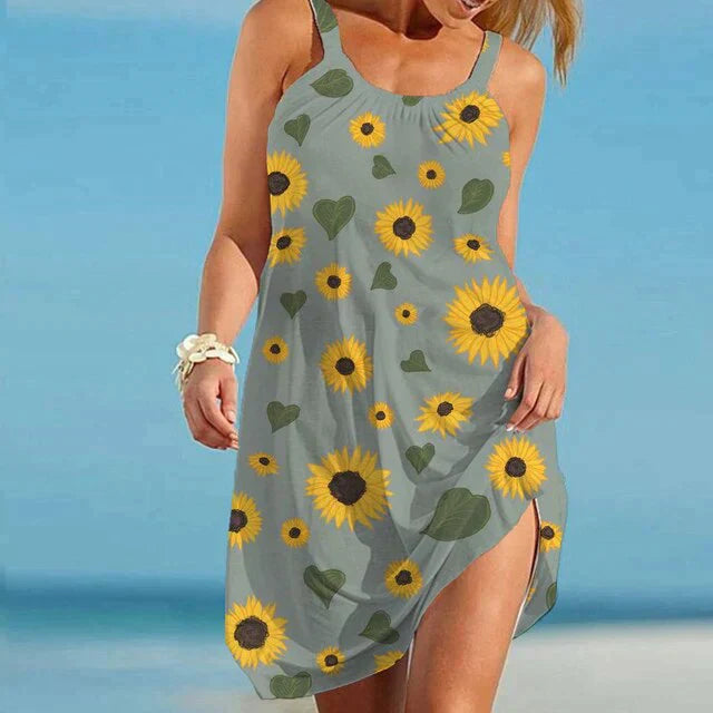 Boho Kleid Damen | Sommerlook mit Blumenprint | Luftig | Farbenfroh | Freizeit-Grau-S-Luzern Mode