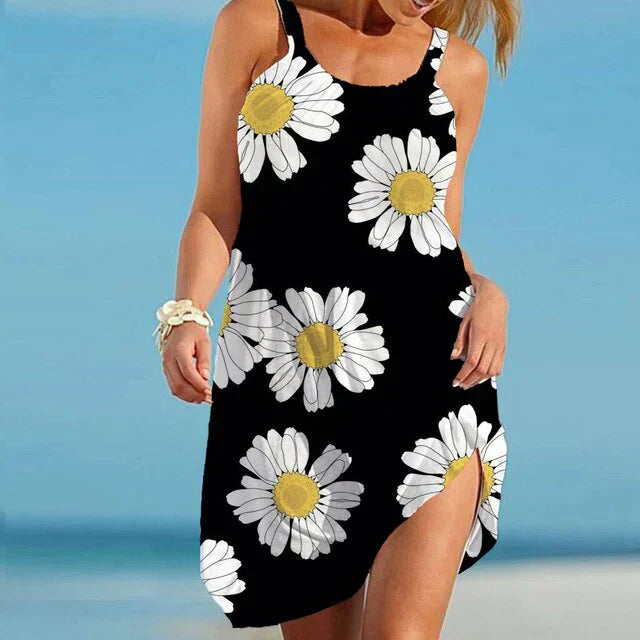 Boho Kleid Damen | Sommerlook mit Blumenprint | Luftig | Farbenfroh | Freizeit-Schwarz-S-Luzern Mode