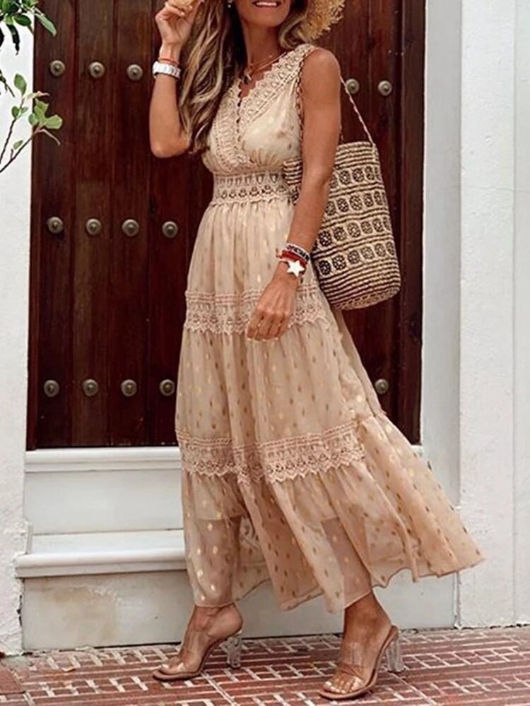 Ibiza Maxi Kleid | Ärmellos | Locker fallend | Einfarbig | V-Ausschnitt | Knöchellang-Luzern Mode
