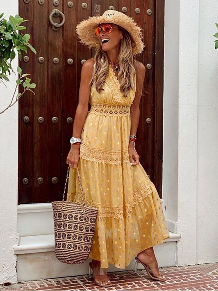 Ibiza Maxi Kleid | Ärmellos | Locker fallend | Einfarbig | V-Ausschnitt | Knöchellang-Gelb-S-Luzern Mode