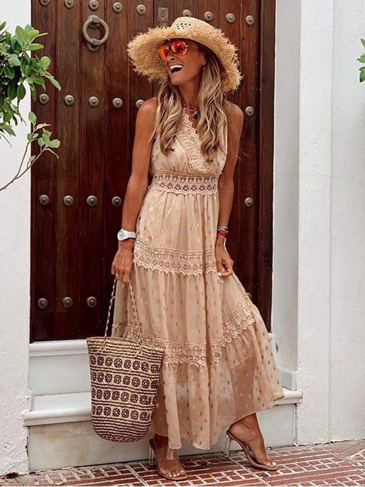 Ibiza Maxi Kleid | Ärmellos | Locker fallend | Einfarbig | V-Ausschnitt | Knöchellang-Khaki-S-Luzern Mode