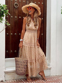 Ibiza Maxi Kleid | Ärmellos | Locker fallend | Einfarbig | V-Ausschnitt | Knöchellang-Khaki-S-Luzern Mode