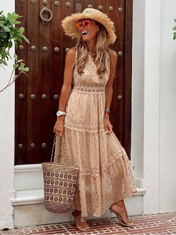 Ibiza Maxi Kleid | Ärmellos | Locker fallend | Einfarbig | V-Ausschnitt | Knöchellang-Khaki-S-Luzern Mode