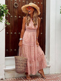 Ibiza Maxi Kleid | Ärmellos | Locker fallend | Einfarbig | V-Ausschnitt | Knöchellang-Rosa-S-Luzern Mode