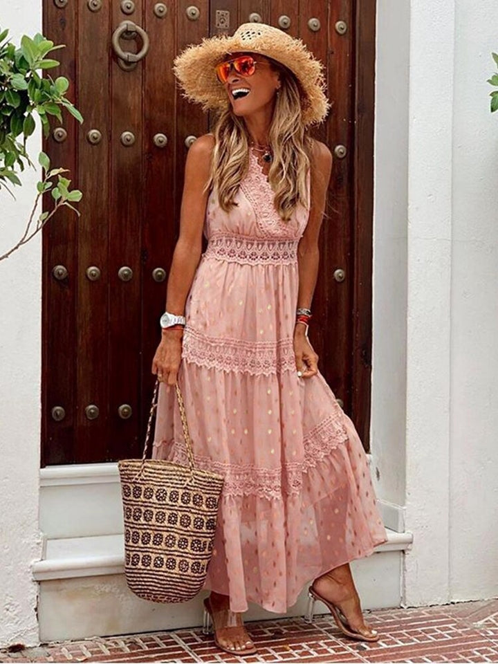 Ibiza Maxi Kleid | Ärmellos | Locker fallend | Einfarbig | V-Ausschnitt | Knöchellang-Rosa-S-Luzern Mode