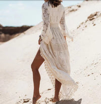 Sommer Maxi Kleid | Boho | V-Ausschnitt | Fransen | Lange Ärmel | Lässig-Luzern Mode