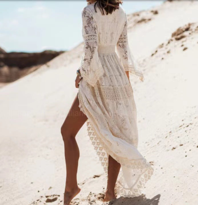 Sommer Maxi Kleid | Boho | V-Ausschnitt | Fransen | Lange Ärmel | Lässig-Luzern Mode