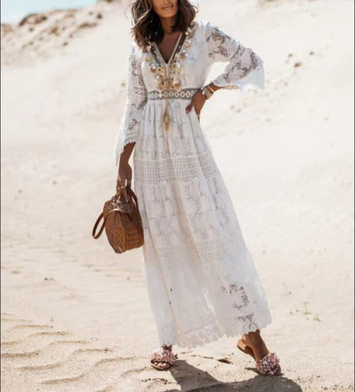 Sommer Maxi Kleid | Boho | V-Ausschnitt | Fransen | Lange Ärmel | Lässig-Luzern Mode
