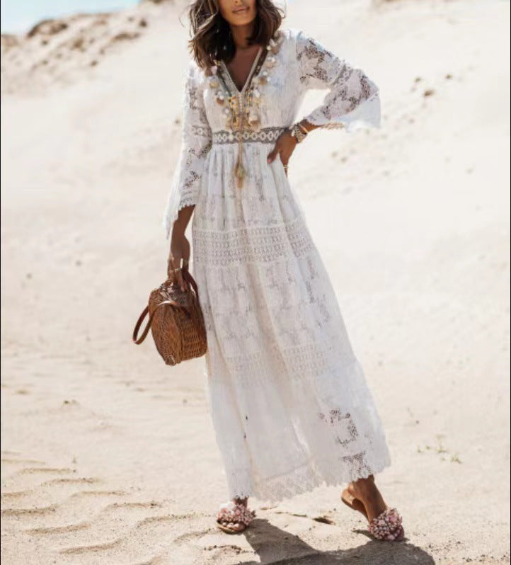 Sommer Maxi Kleid | Boho | V-Ausschnitt | Fransen | Lange Ärmel | Lässig-Luzern Mode
