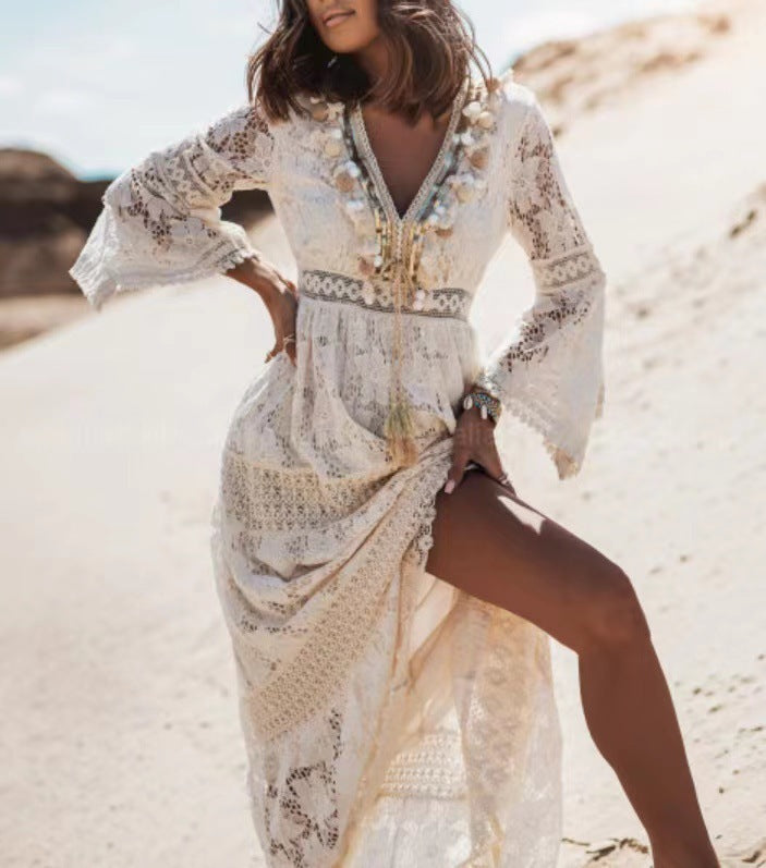 Sommer Maxi Kleid | Boho | V-Ausschnitt | Fransen | Lange Ärmel | Lässig-Beige-S-Luzern Mode
