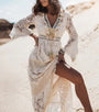 Sommer Maxi Kleid | Boho | V-Ausschnitt | Fransen | Lange Ärmel | Lässig-Beige-S-Luzern Mode