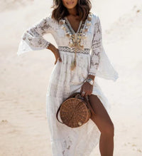 Sommer Maxi Kleid | Boho | V-Ausschnitt | Fransen | Lange Ärmel | Lässig-Weiß-S-Luzern Mode