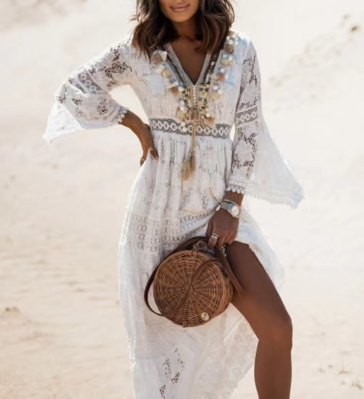 Sommer Maxi Kleid | Boho | V-Ausschnitt | Fransen | Lange Ärmel | Lässig-Weiß-S-Luzern Mode