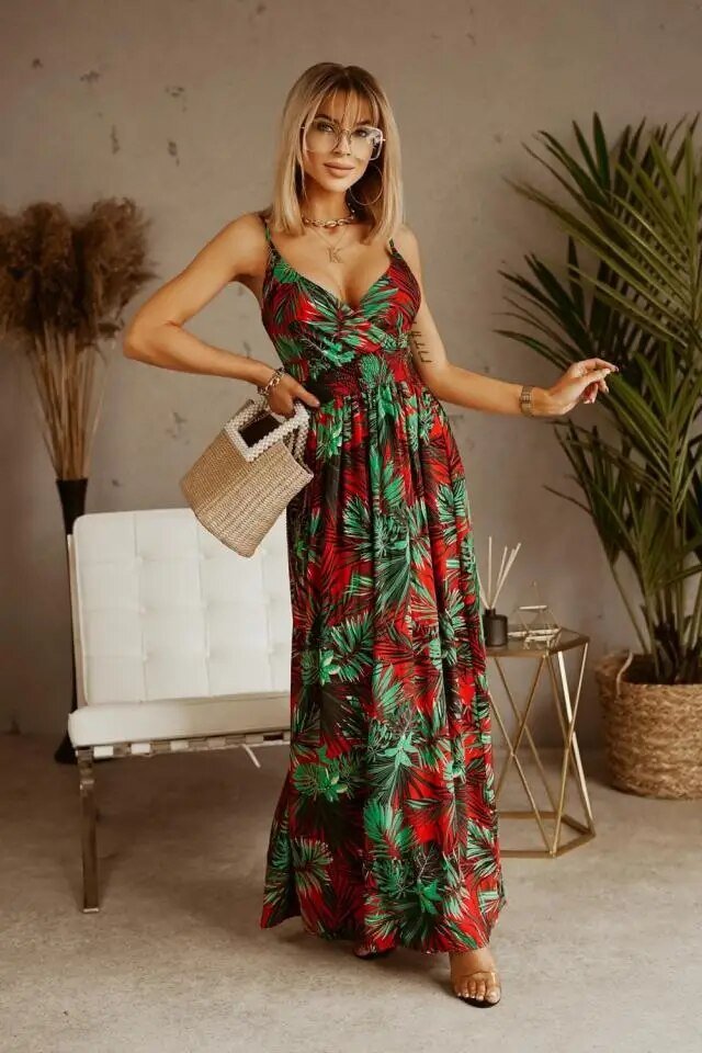 Maxikleid Damen Sommer | Blumenmuster | Boho Stil | Luftig | Verstellbare Träger-Grün-Rot-S-Ja-Luzern Mode