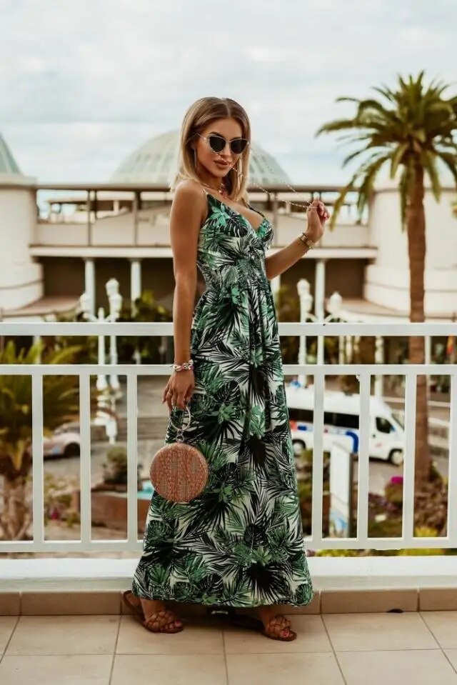 Maxikleid Damen Sommer | Blumenmuster | Boho Stil | Luftig | Verstellbare Träger-Grün-S-Ja-Luzern Mode
