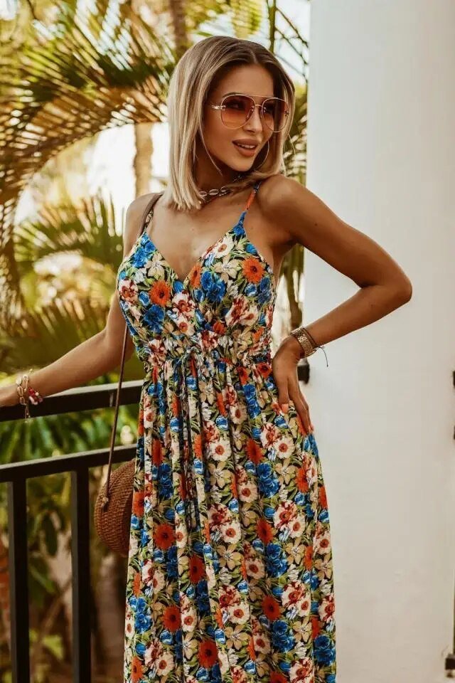 Maxikleid Damen Sommer | Blumenmuster | Boho Stil | Luftig | Verstellbare Träger-Orange-Blau-S-Ja-Luzern Mode