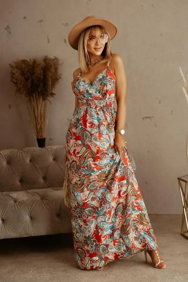 Maxikleid Damen Sommer | Blumenmuster | Boho Stil | Luftig | Verstellbare Träger-Orange-S-Ja-Luzern Mode
