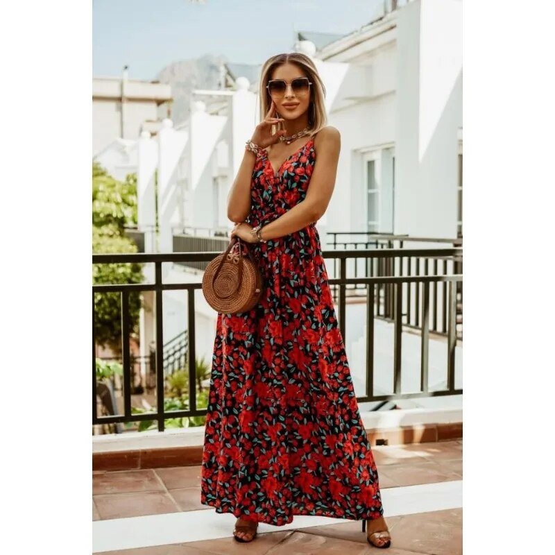 Maxikleid Damen Sommer | Blumenmuster | Boho Stil | Luftig | Verstellbare Träger-Luzern Mode