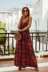 Maxikleid Damen Sommer | Blumenmuster | Boho Stil | Luftig | Verstellbare Träger-Rot-S-Ja-Luzern Mode