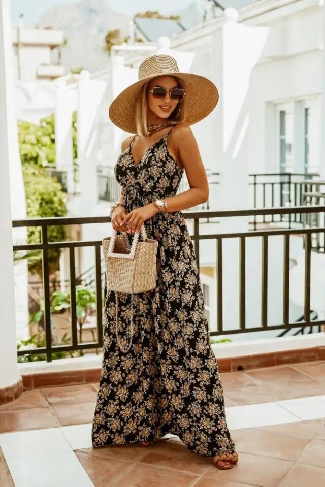 Maxikleid Damen Sommer | Blumenmuster | Boho Stil | Luftig | Verstellbare Träger-Schwarz-S-Ja-Luzern Mode