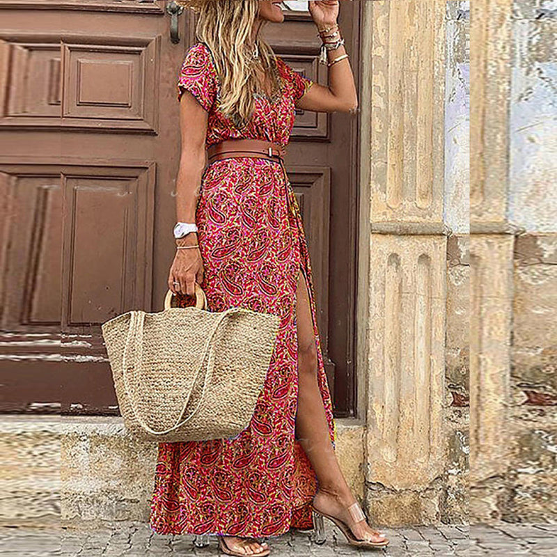 Boho-Muster | luftiger Schnitt | hoher Beinschlitz | verstellbare Taille | Maxilänge-Dunkelrot-S-Luzern Mode