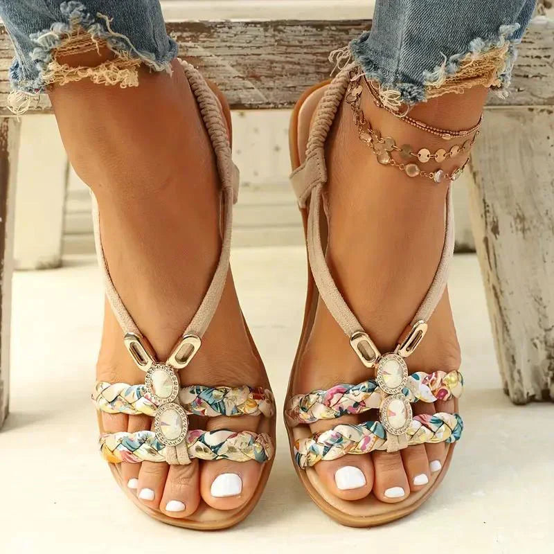 Damen Sandalen | Perlen | Boho-Design | Slip-On | Offen | Rutschfest-Beige-35-Luzern Mode