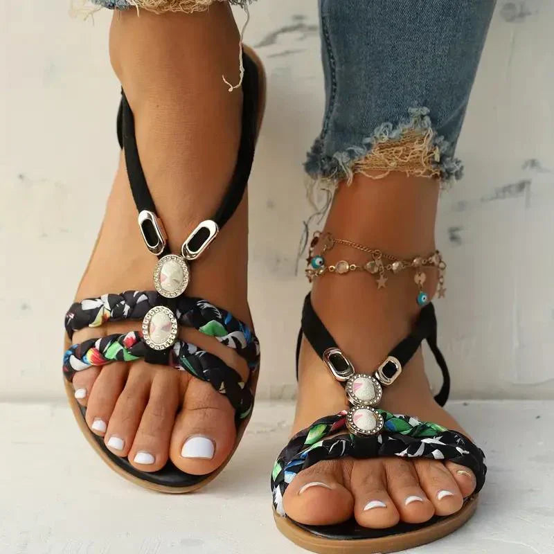 Damen Sandalen | Perlen | Boho-Design | Slip-On | Offen | Rutschfest-Luzern Mode