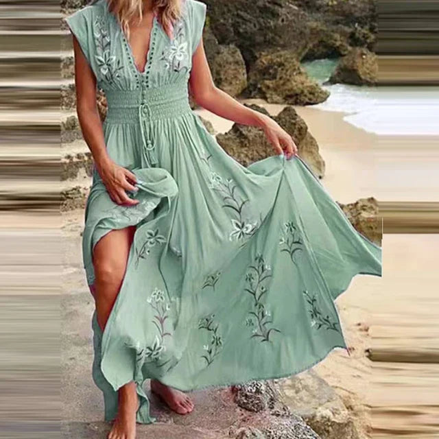 Boho Sommerkleid Damen | V-Ausschnitt | luftiger Schnitt | lockere Passform | Midi-Hellgrün-S-Luzern Mode