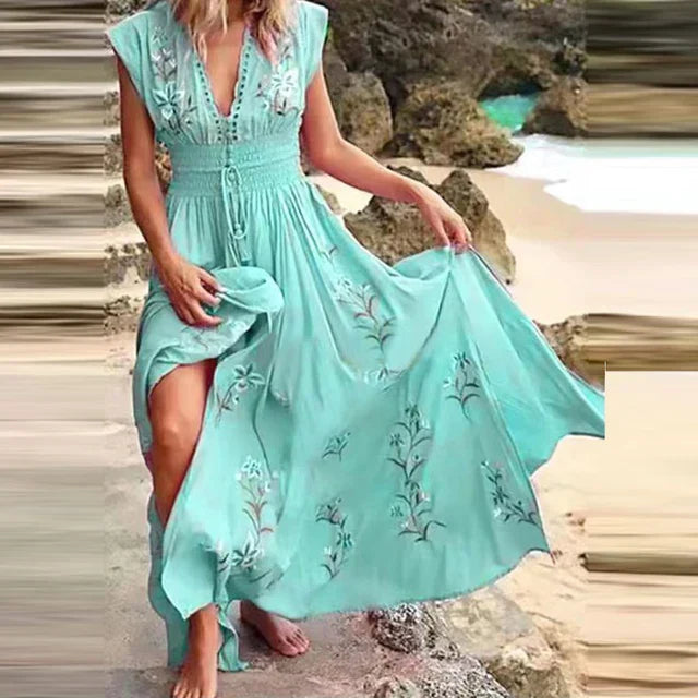 Boho Sommerkleid Damen | V-Ausschnitt | luftiger Schnitt | lockere Passform | Midi-Himmelblau-S-Luzern Mode