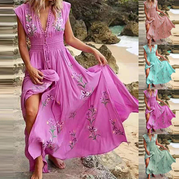 Boho Sommerkleid Damen | V-Ausschnitt | luftiger Schnitt | lockere Passform | Midi-Luzern Mode