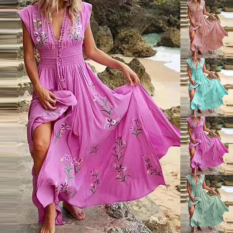 Boho Sommerkleid Damen | V-Ausschnitt | luftiger Schnitt | lockere Passform | Midi-Luzern Mode