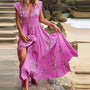 Boho Sommerkleid Damen | V-Ausschnitt | luftiger Schnitt | lockere Passform | Midi-Rosa mit Blumenprint-S-Luzern Mode