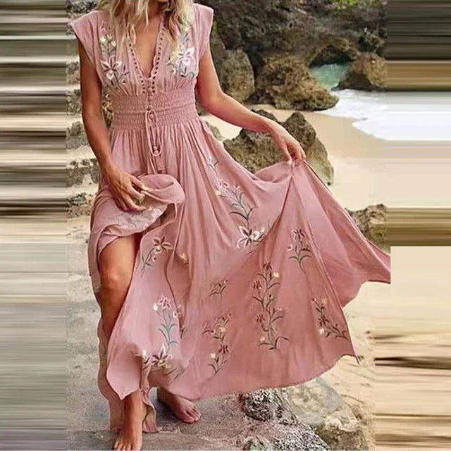 Boho Sommerkleid Damen | V-Ausschnitt | luftiger Schnitt | lockere Passform | Midi-Rosa-S-Luzern Mode
