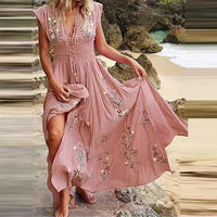 Boho Sommerkleid Damen | V-Ausschnitt | luftiger Schnitt | lockere Passform | Midi-Rosa-S-Luzern Mode
