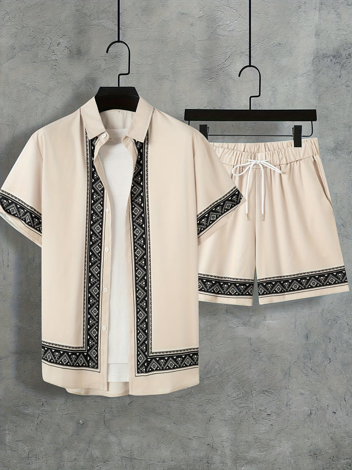 Boho Sommer Set Herren | zweiteilig Shirt Shorts | locker bequem | trendig Urlaub-Khaki-M(48)-Luzern Mode
