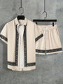 Boho Sommer Set Herren | zweiteilig Shirt Shorts | locker bequem | trendig Urlaub-Khaki-M(48)-Luzern Mode