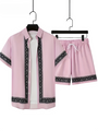 Boho Sommer Set Herren | zweiteilig Shirt Shorts | locker bequem | trendig Urlaub-Rosa-M(48)-Luzern Mode