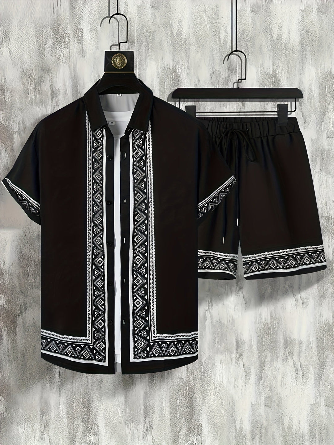 Boho Sommer Set Herren | zweiteilig Shirt Shorts | locker bequem | trendig Urlaub-Schwarz-M(48)-Luzern Mode